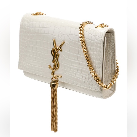 YSL Kate Small White Off Embossed Leather Flap Crossbody Bag Tassel Gold Chain - Picture 2 of 9